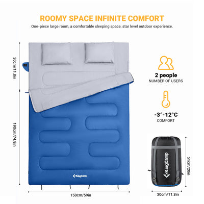 KingCamp 87x59" 2 Person 20 Degree Family Sleeping Bag w/2 Pillows, Blue (Used) - VMInnovations