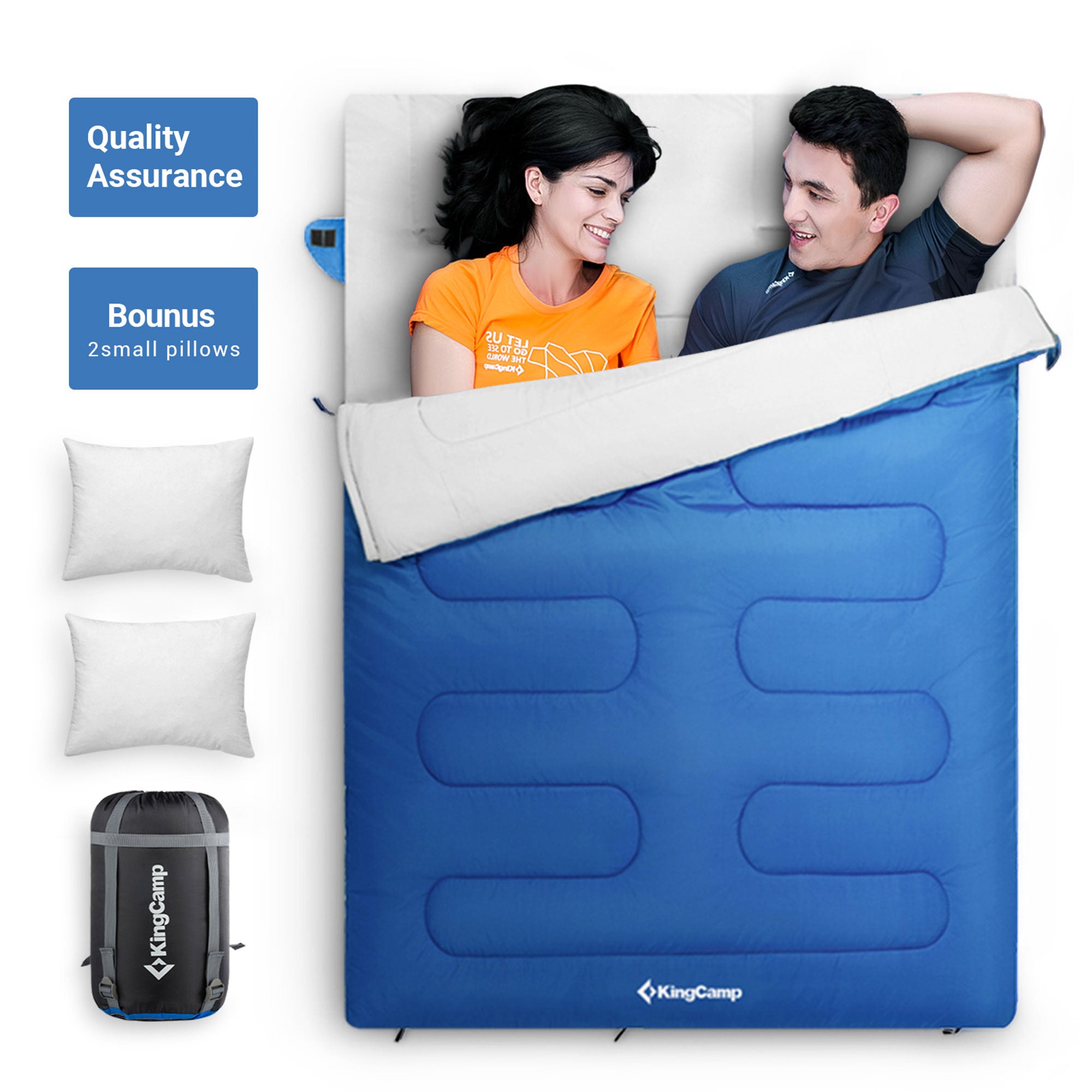 KingCamp 87x59" 2 Person 20 Degree Family Sleeping Bag w/2 Pillows, Blue (Used) - VMInnovations