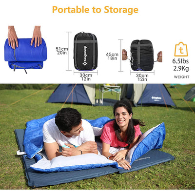 KingCamp 87x59" 2 Person 20 Degree Family Sleeping Bag w/2 Pillows, Blue (Used) - VMInnovations