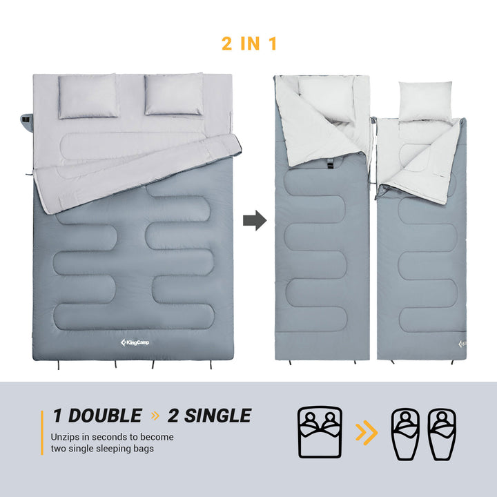 KingCamp 87x59" 2 Person 20 Degree Family Couple Sleeping Bag w/2 Pillows, Grey