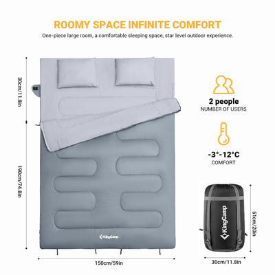 87x59" 2 Person 20 Degree Family Couple Sleeping Bag w/2 Pillows, Grey (Used) - VMInnovations