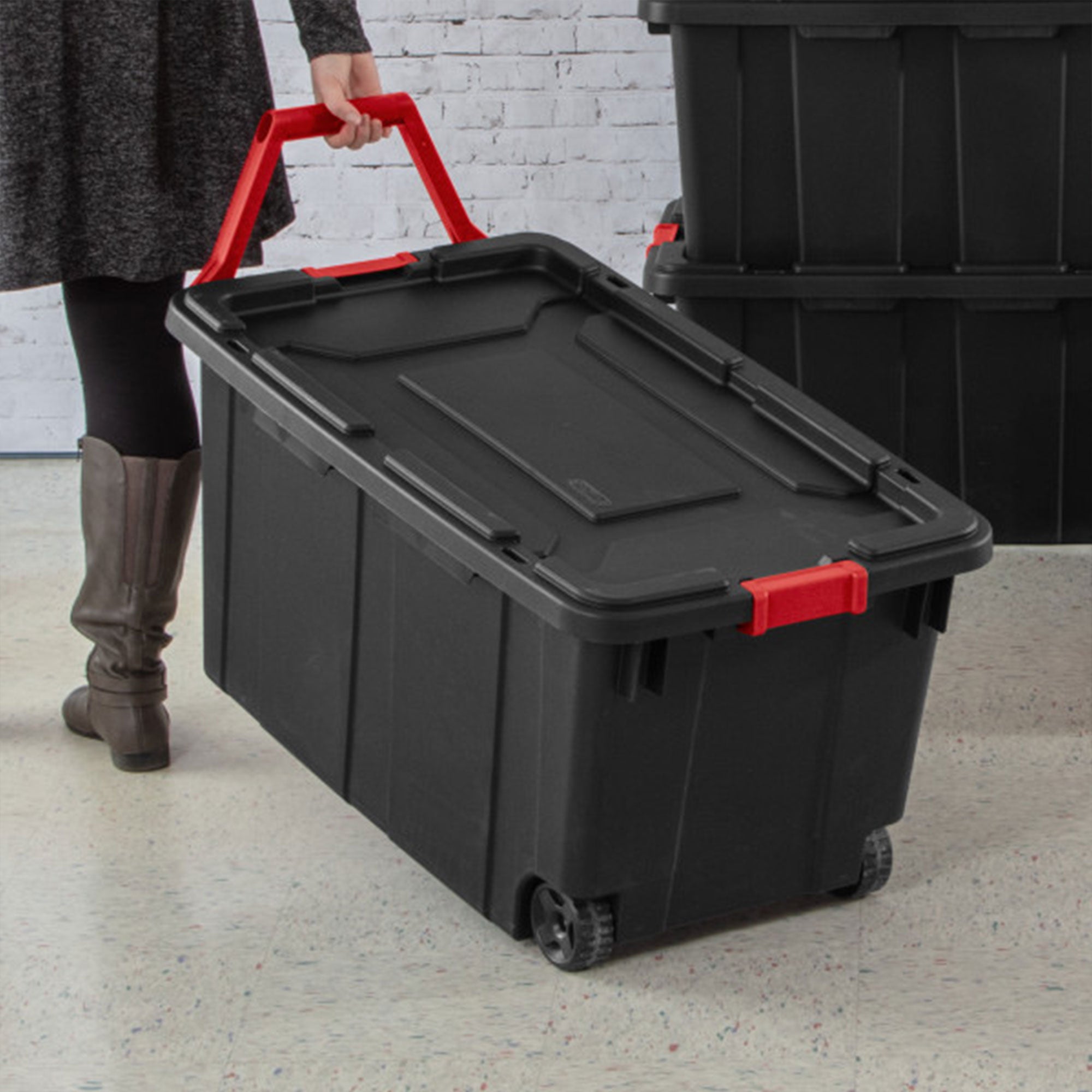 Sterilite Heavy Duty 40 Gallon Wheeled Industrial Storage Tote, Black (6 Pack) - VMInnovations