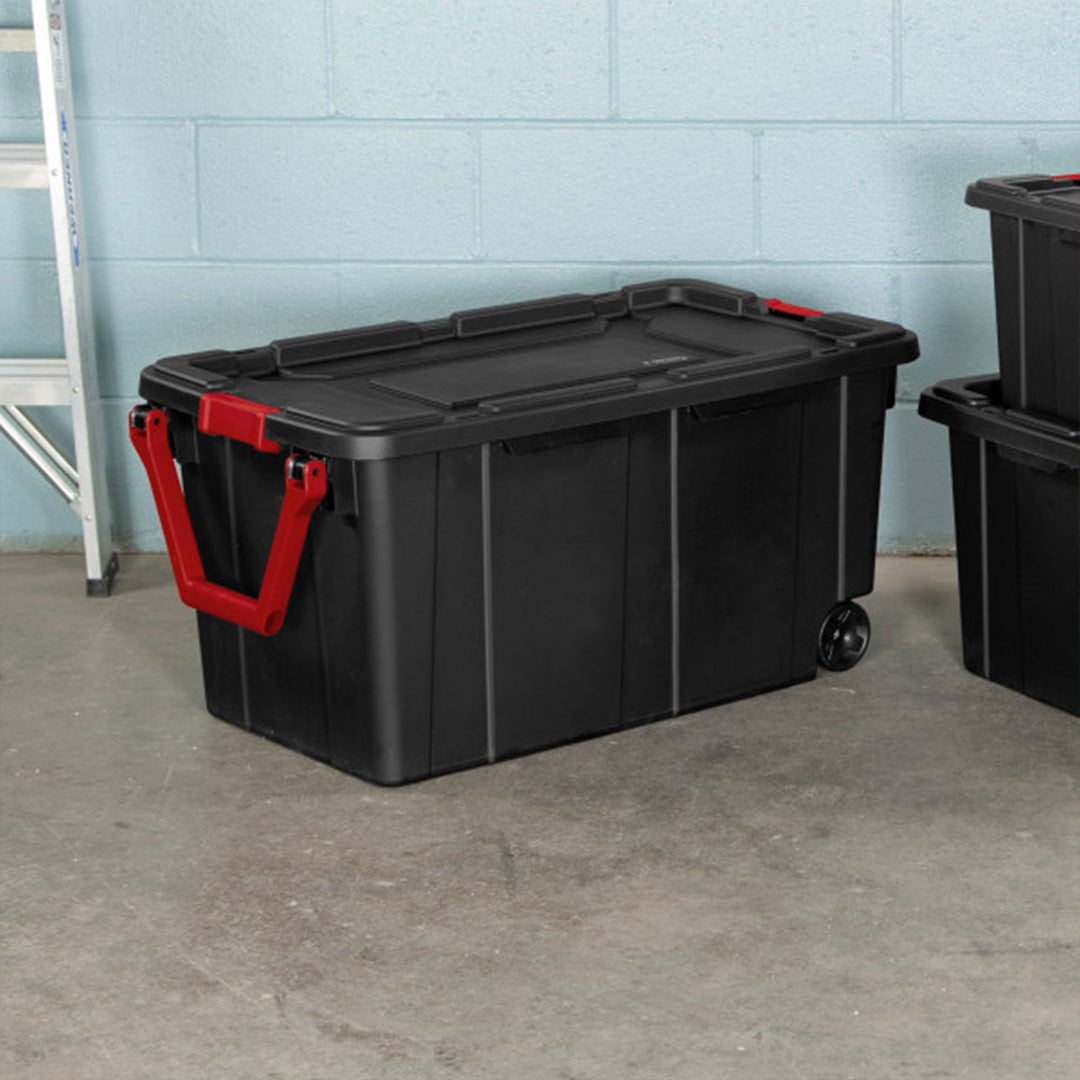 Sterilite Heavy Duty 40 Gallon Wheeled Industrial Storage Tote, Black (8 Pack)