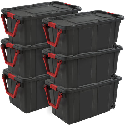 Sterilite Heavy Duty 40 Gallon Wheeled Industrial Storage Tote, Black (6 Pack)