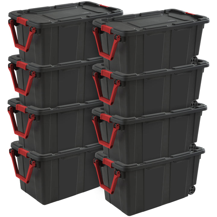 Sterilite Heavy Duty 40 Gallon Wheeled Industrial Storage Tote, Black (8 Pack)