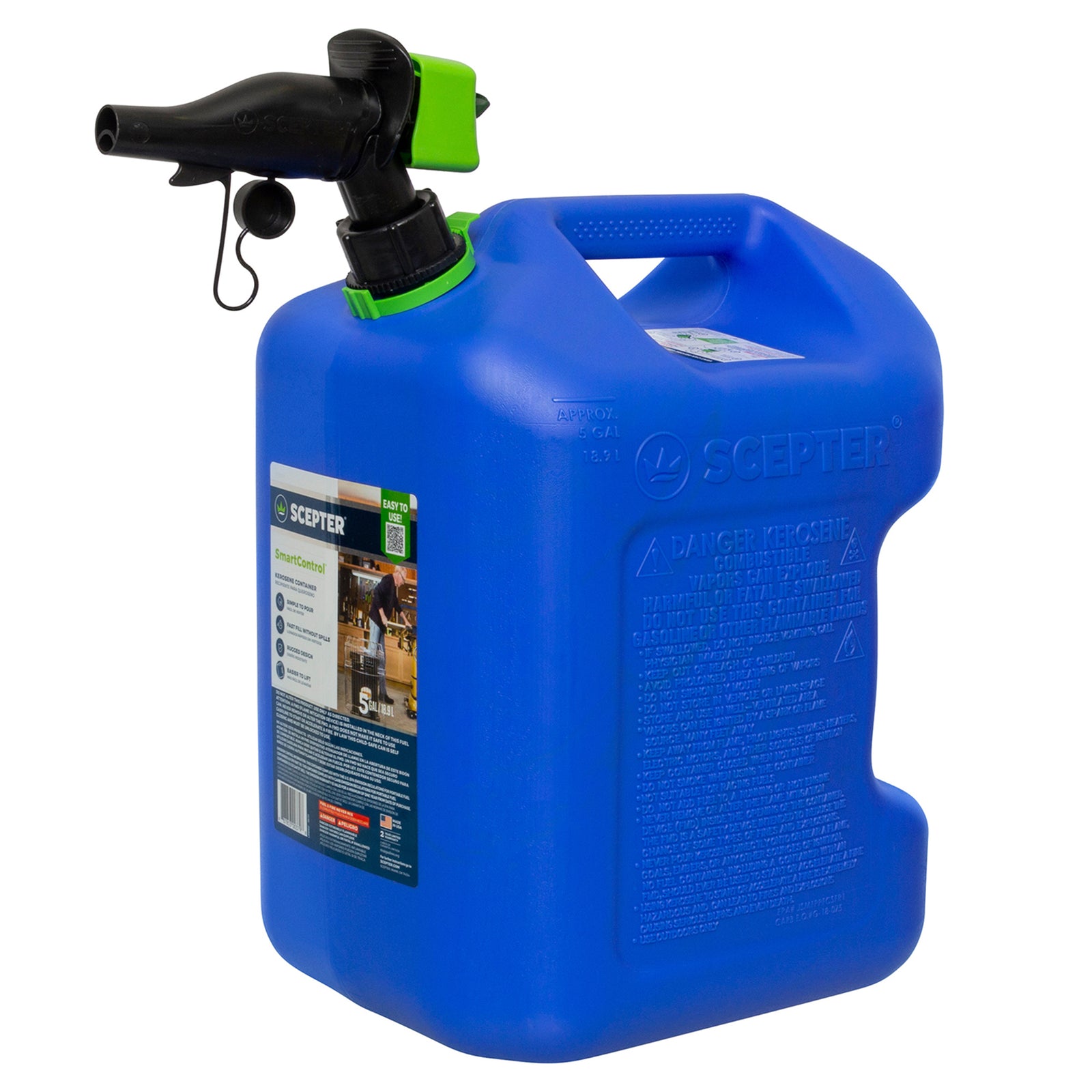 Scepter SmartControl Dual Handle Kerosene Can Container Jug, 5 Gal/18.9L, Blue - VMInnovations