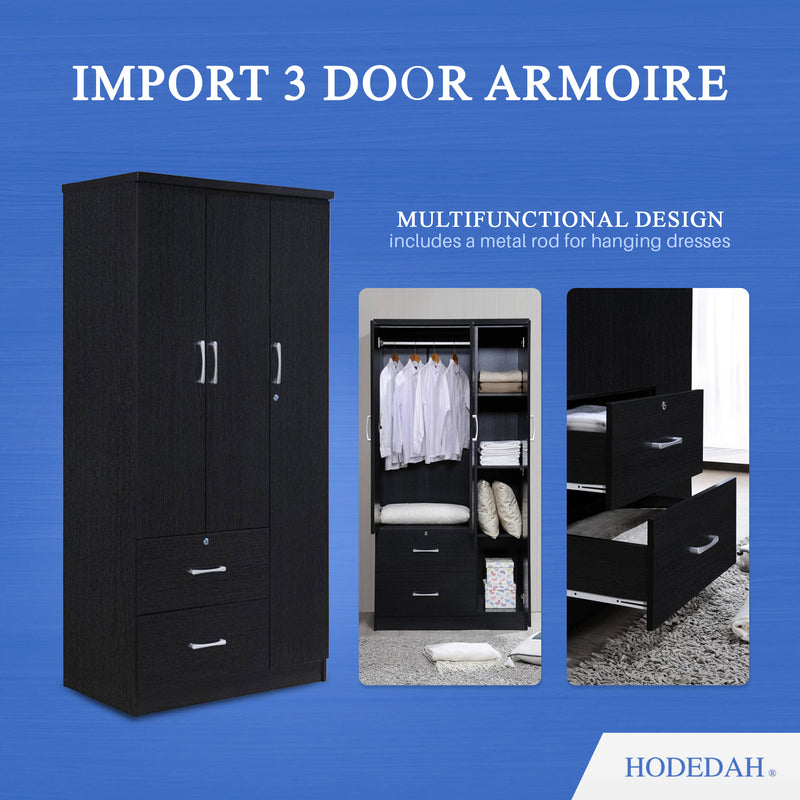 Hodedah Import 3 Door Armoire with Clothing Rod, Shelves, and 2 Drawers, Black