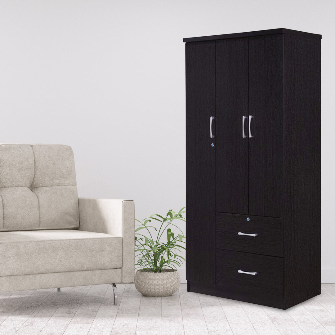 Hodedah Import 3 Door Armoire with Rod, Shelves, and 2 Drawers, Black (Open Box)