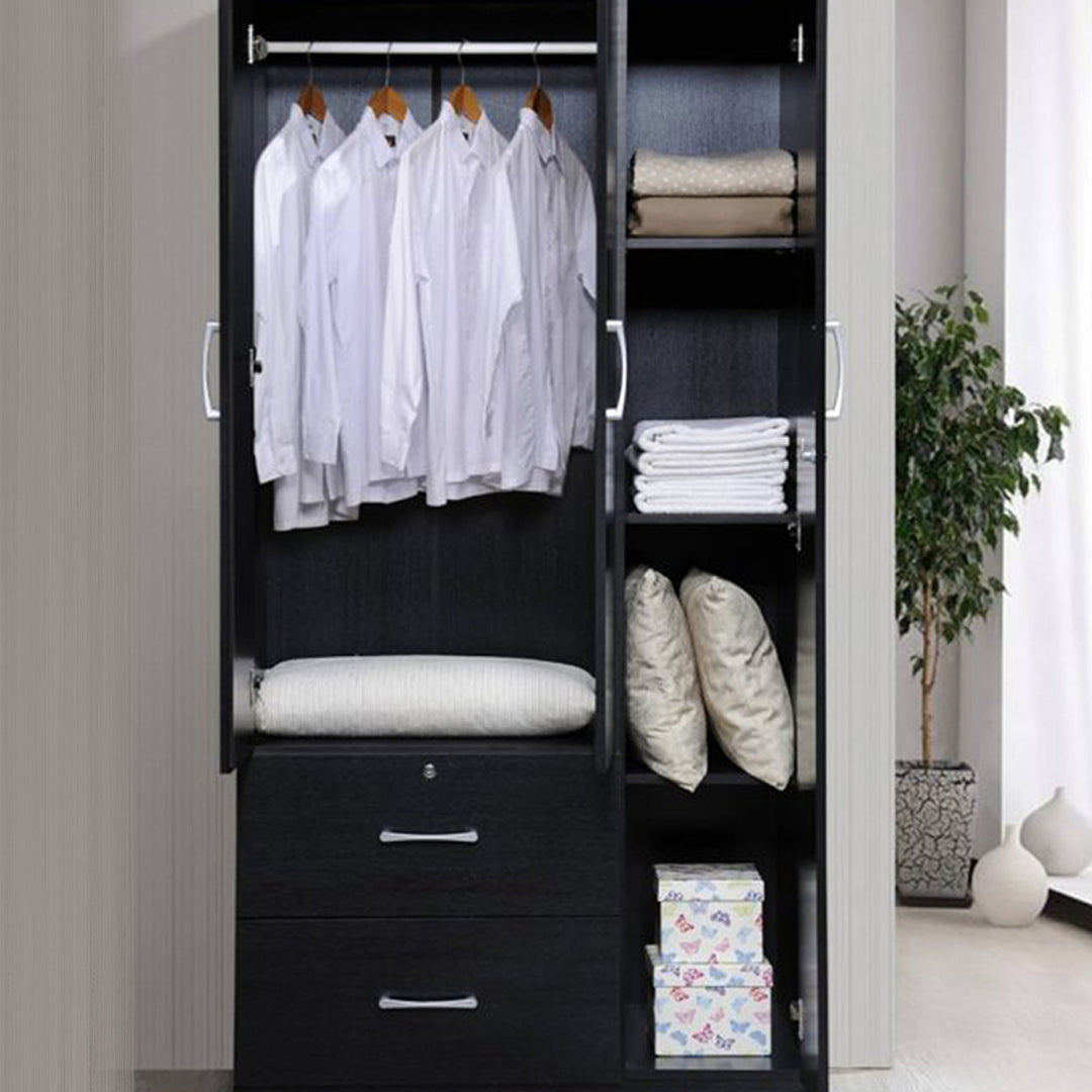 Hodedah Import 3 Door Armoire with Rod, Shelves, and 2 Drawers, Black (Open Box)