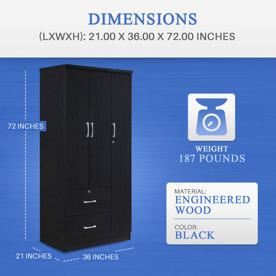 Hodedah Import 3 Door Armoire with Rod, Shelves, and 2 Drawers, Black (Open Box)