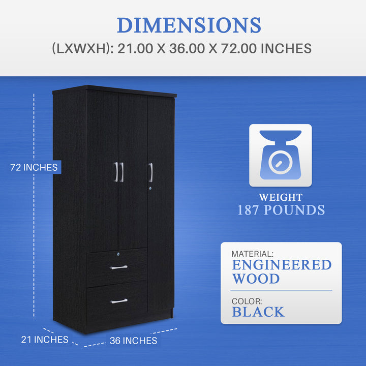 Hodedah Import 3 Door Armoire with Rod, Shelves, and 2 Drawers, Black (Open Box)