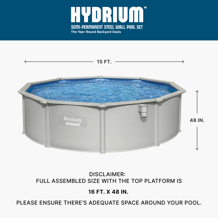 Bestway Hydrium 15' x 48" Round Steel Wall Above Ground Swimming Pool Set, Gray