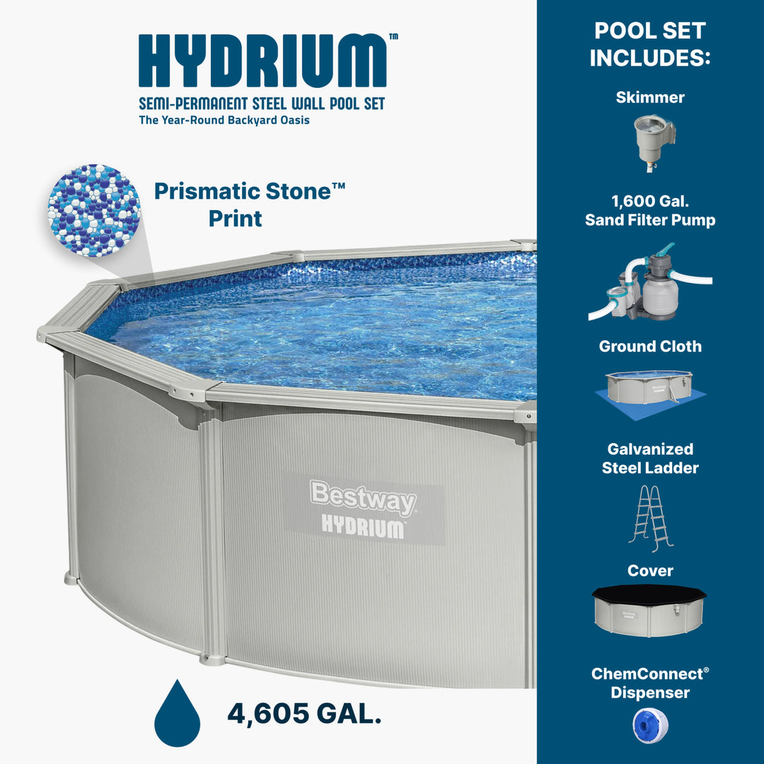 Bestway Hydrium 15' x 48" Round Steel Wall Above Ground Swimming Pool Set, Gray