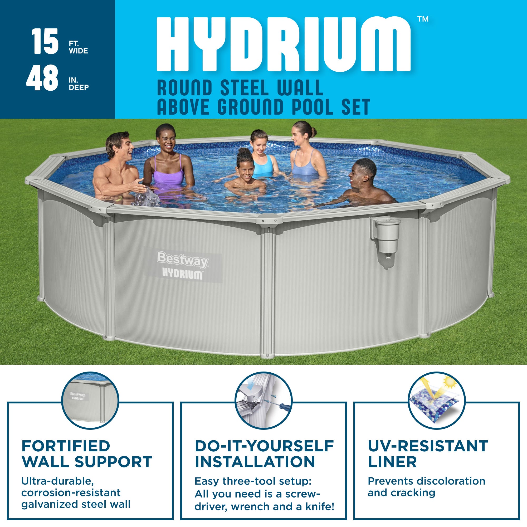 Bestway Hydrium 15'x48" Round Steel Wall Swimming Pool Set, Gray (Used) - VMInnovations