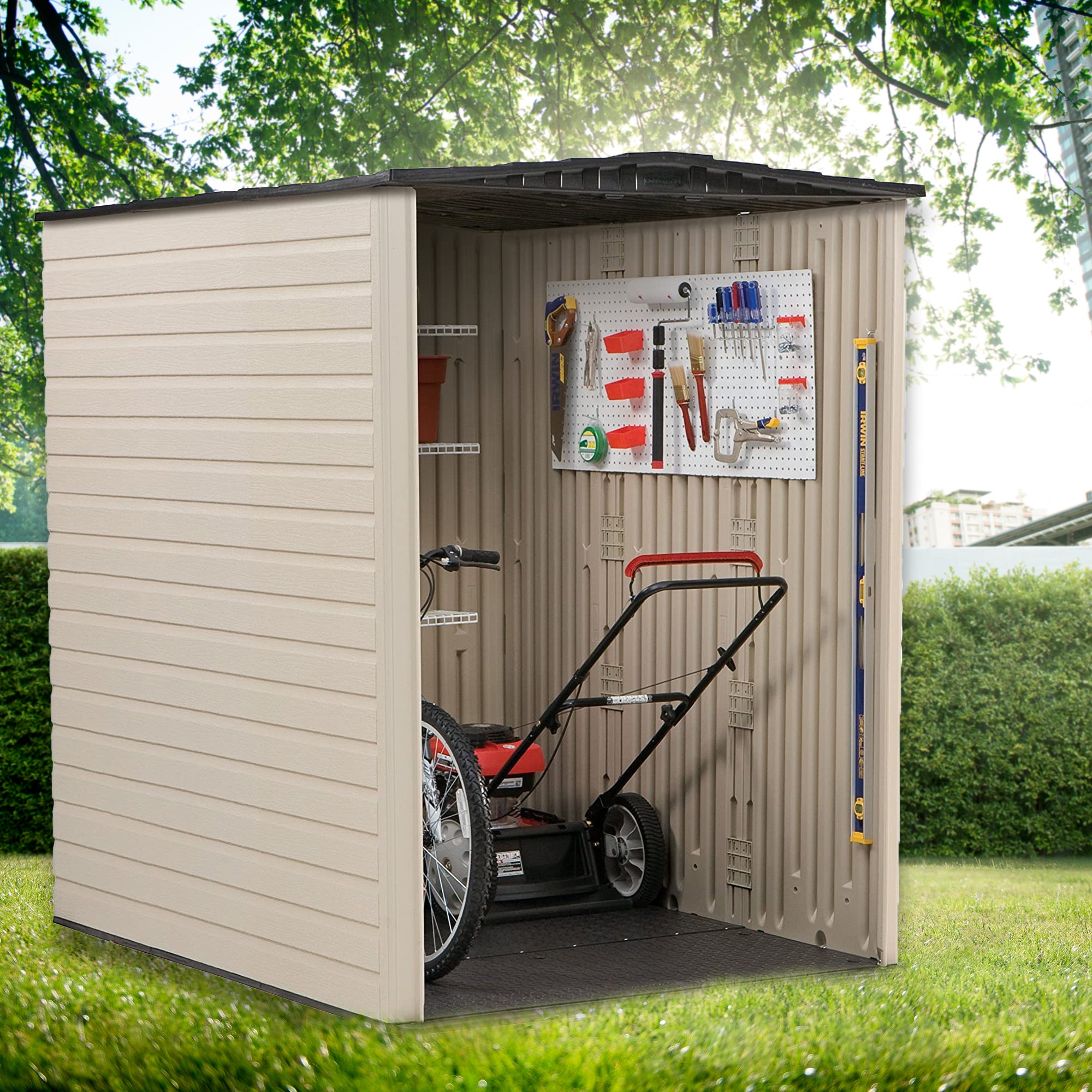 Rubbermaid Large 5x6 Ft Resin Weather Resistant Outdoor Shed, Sandstone (Used)