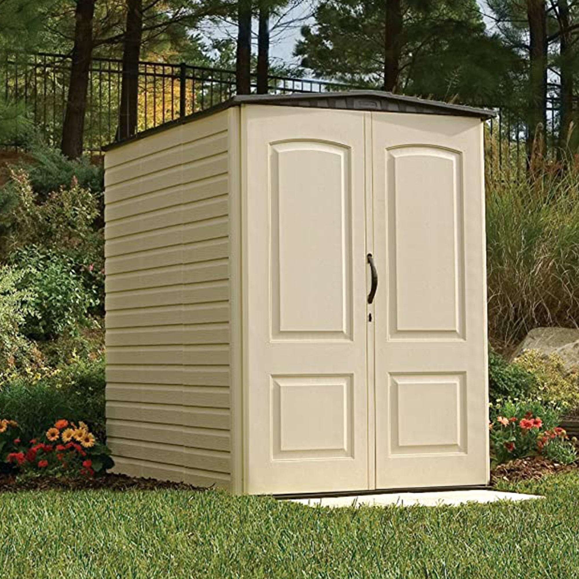 Rubbermaid 5x6 Ft Resin Weather Resistant Outdoor Shed, Sandstone (For Parts)