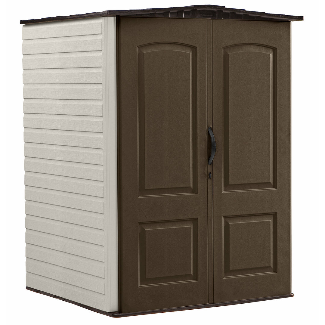 Rubbermaid 5x4 Ft Resin Weatherproof Storage Shed, Canteen Brown/Putty (Used)