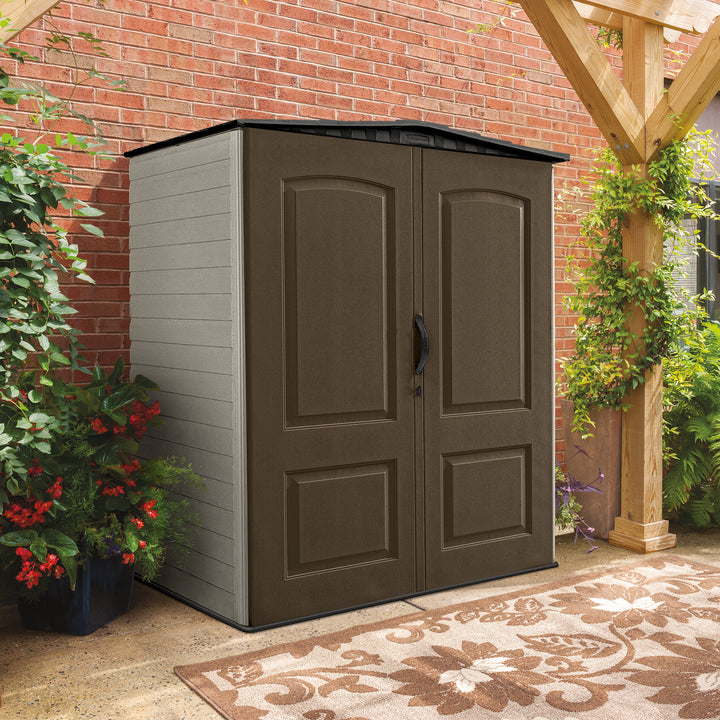 Rubbermaid 5x4 Ft Resin Weatherproof Storage Shed, Canteen Brown/Putty (Used)