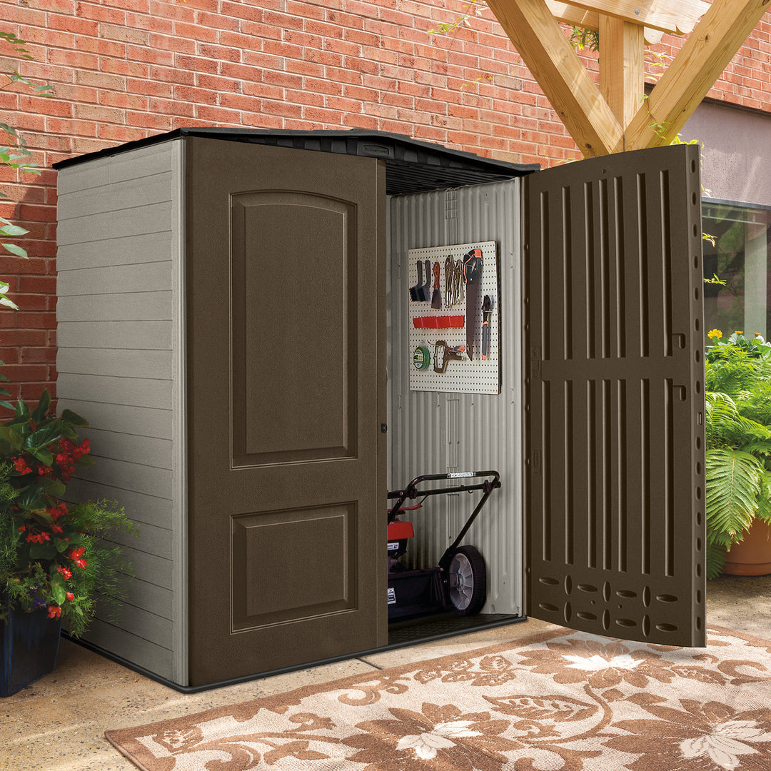 Rubbermaid 5x4 Ft Resin Weatherproof Storage Shed, Canteen Brown/Putty (Used)