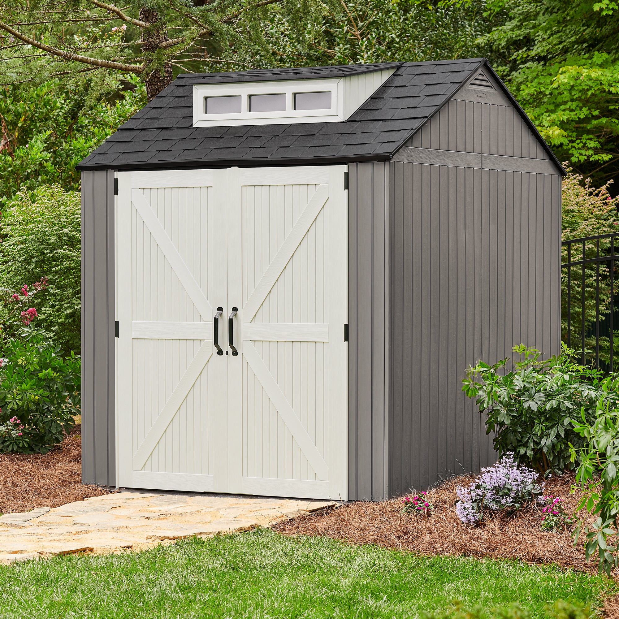Rubbermaid 7x7 Ft Weather Resistant Resin Backyard Outdoor Storage Shed, Gray - VMInnovations