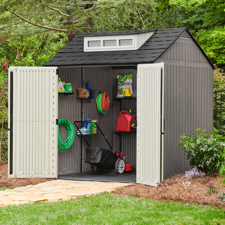 7x7 Ft Weather Resistant Resin Backyard Outdoor Storage Shed, Gray (Open Box)