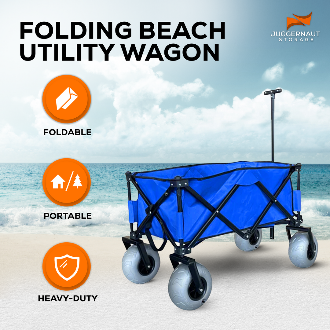 Juggernaut Carts Collapsible Folding Outdoor Beach Utility Wagon w/ Cover, Blue