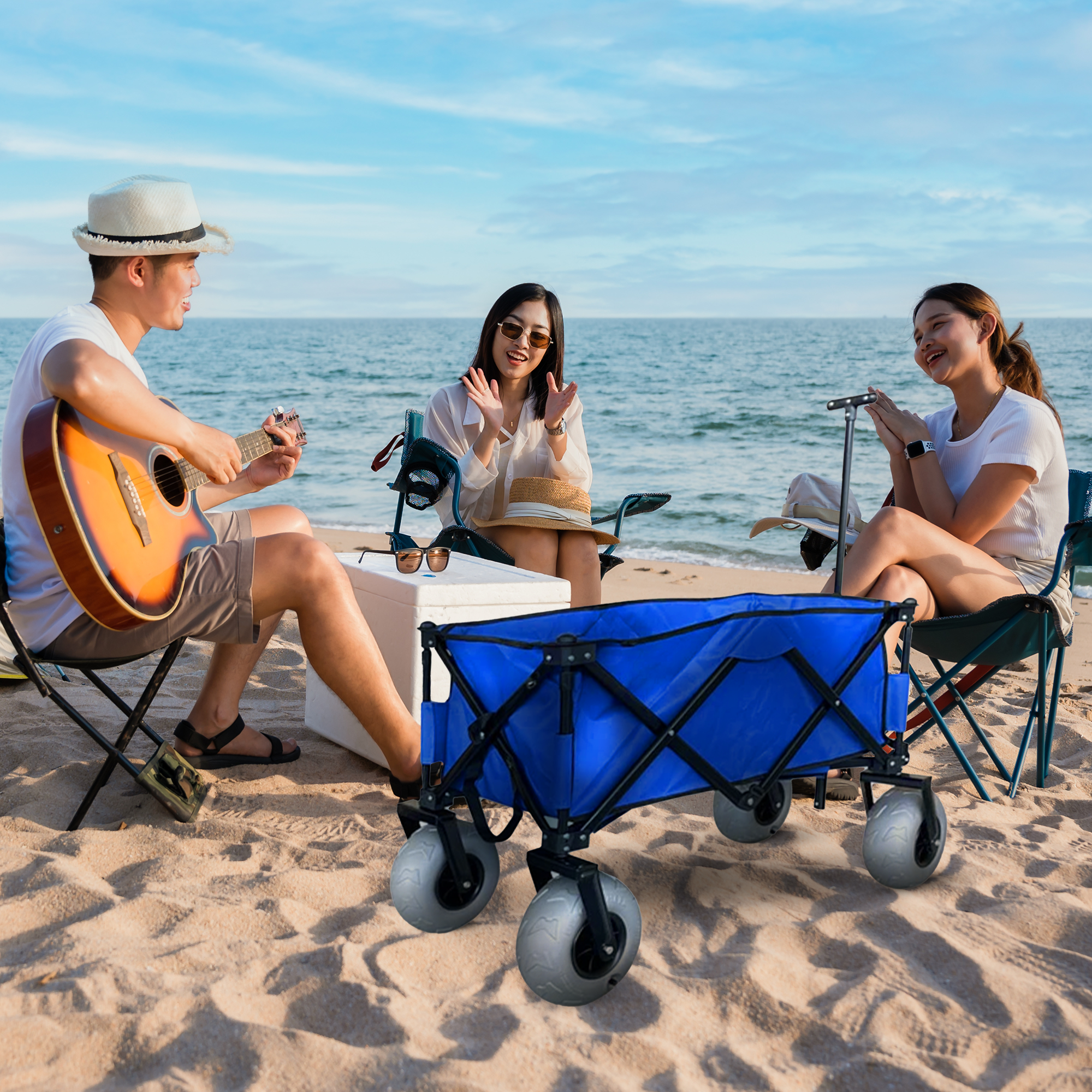 Collapsible Folding Outdoor Beach Utility Wagon w/ Cover, Blue (For Parts)