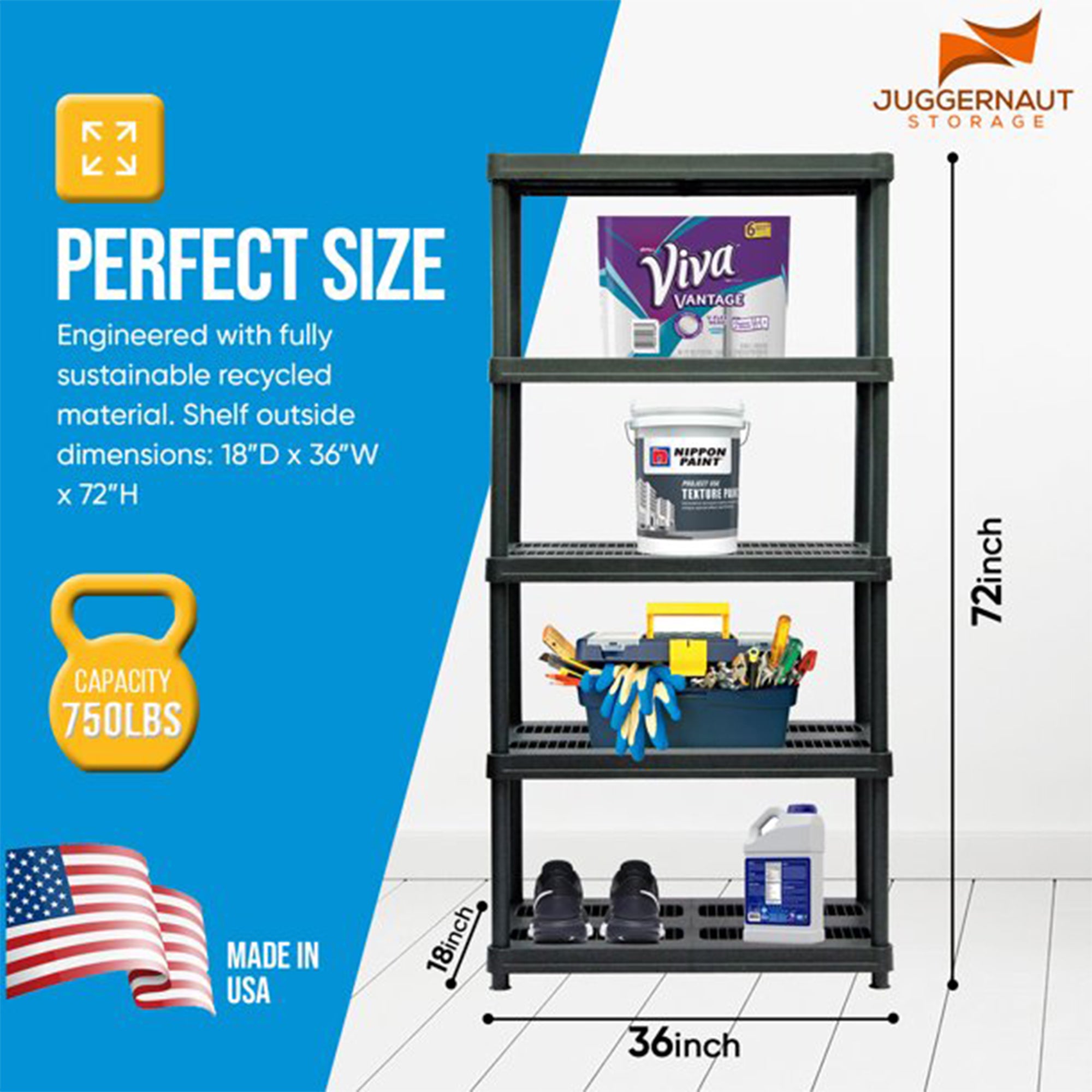 Juggernaut Storage 72 Inch 5 Shelf Plastic Utility Shelving Storage Unit, Black - VMInnovations