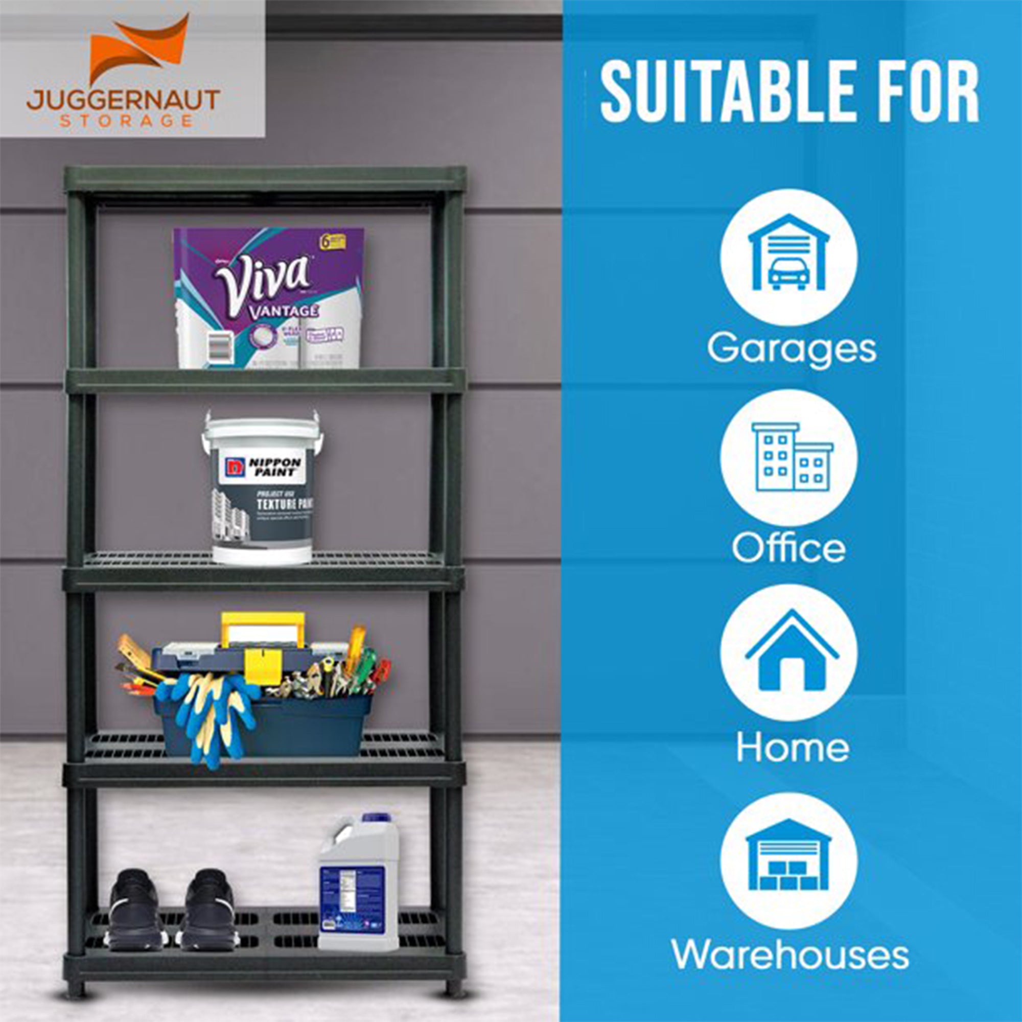 Juggernaut Storage 72 Inch 5 Shelf Plastic Utility Shelving Storage Unit, Black - VMInnovations