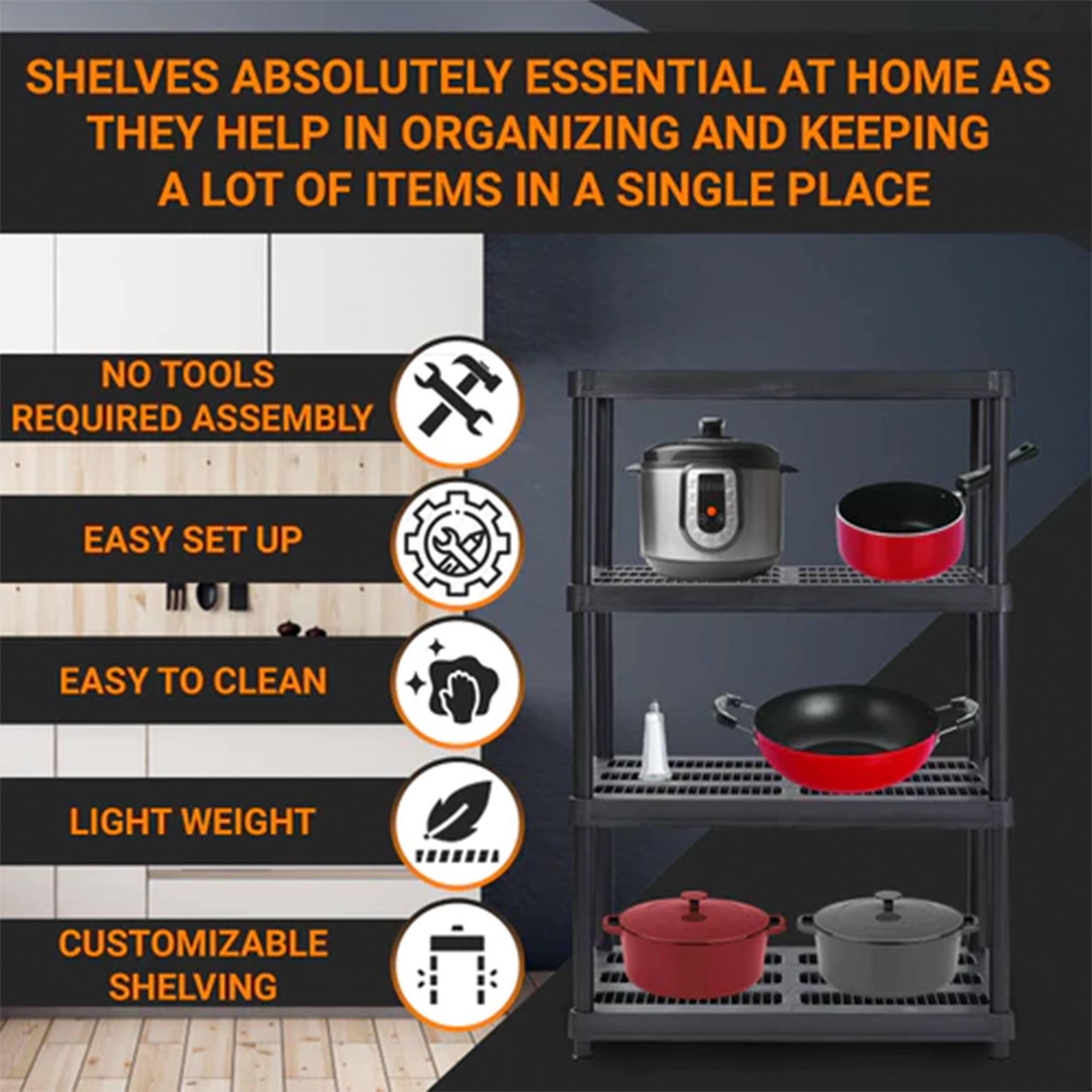 Juggernaut Storage 56" 4 Shelf Plastic Shelving Storage Unit, Black(Open Box) - VMInnovations