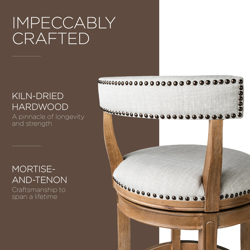Maven Lane Alexander Kitchen Counter Stool in Weathered Oak Finish w/ Sand Color Fabric Upholstery