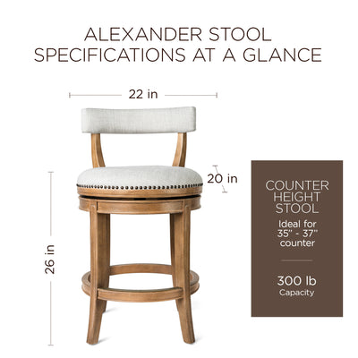 Maven Lane Alexander Kitchen Counter Stool in Weathered Oak Finish w/ Sand Color Fabric Upholstery