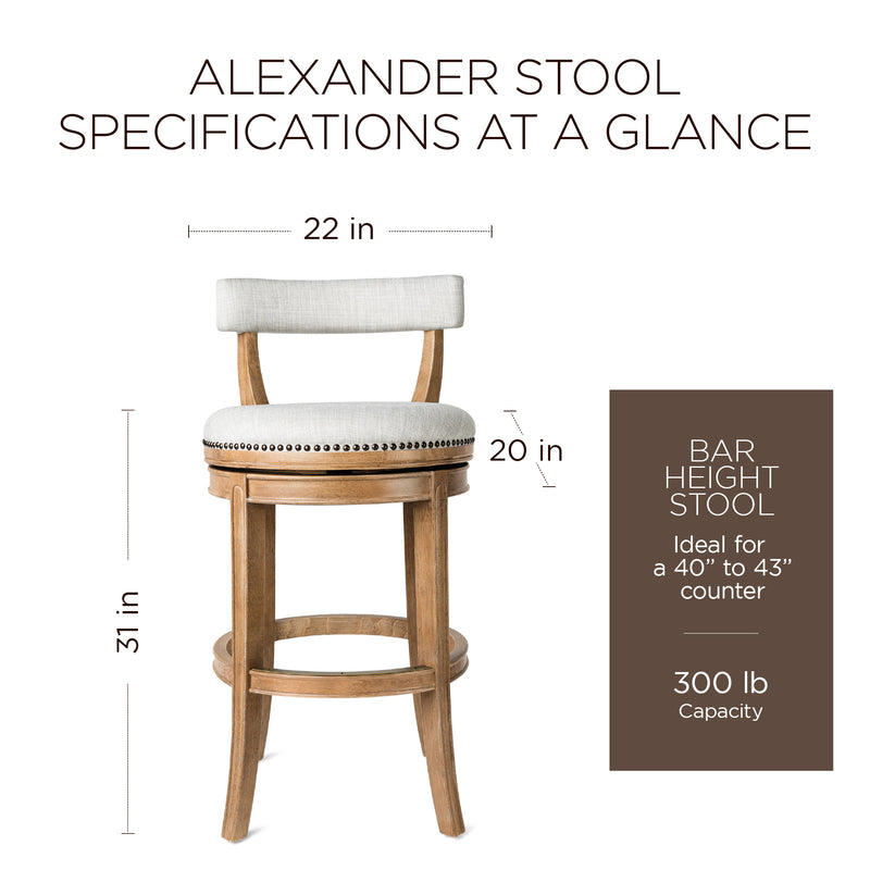 Maven Lane Alexander Kitchen Bar Stool in Weathered Oak Finish w/ Sand Color Fabric Upholstery