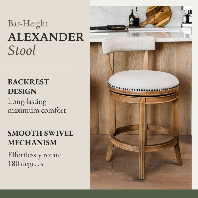 Maven Lane Alexander Kitchen Bar Stool in Weathered Oak Finish w/ Sand Color Fabric Upholstery