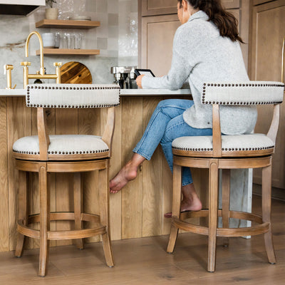 Maven Lane Alexander Kitchen Bar Stool in Weathered Oak Finish w/ Sand Color Fabric Upholstery