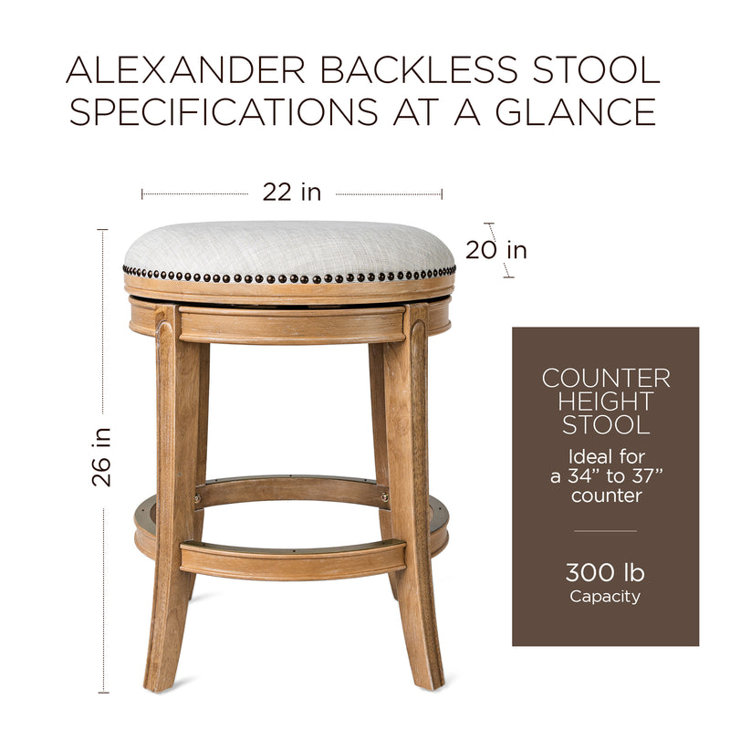 Maven Lane Alexander Backless Counter Stool in Weathered Oak Finish w/ Sand Color Fabric Upholstery