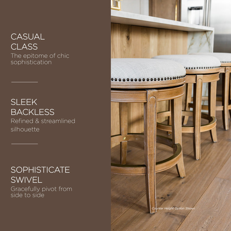 Maven Lane Alexander Backless Bar Stool in Weathered Oak Finish w/ Sand Color Fabric Upholstery