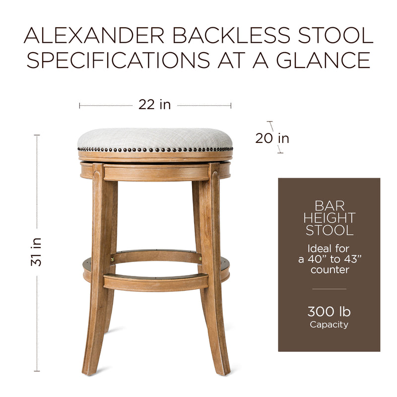 Maven Lane Alexander Backless Bar Stool in Weathered Oak Finish w/ Sand Color Fabric Upholstery