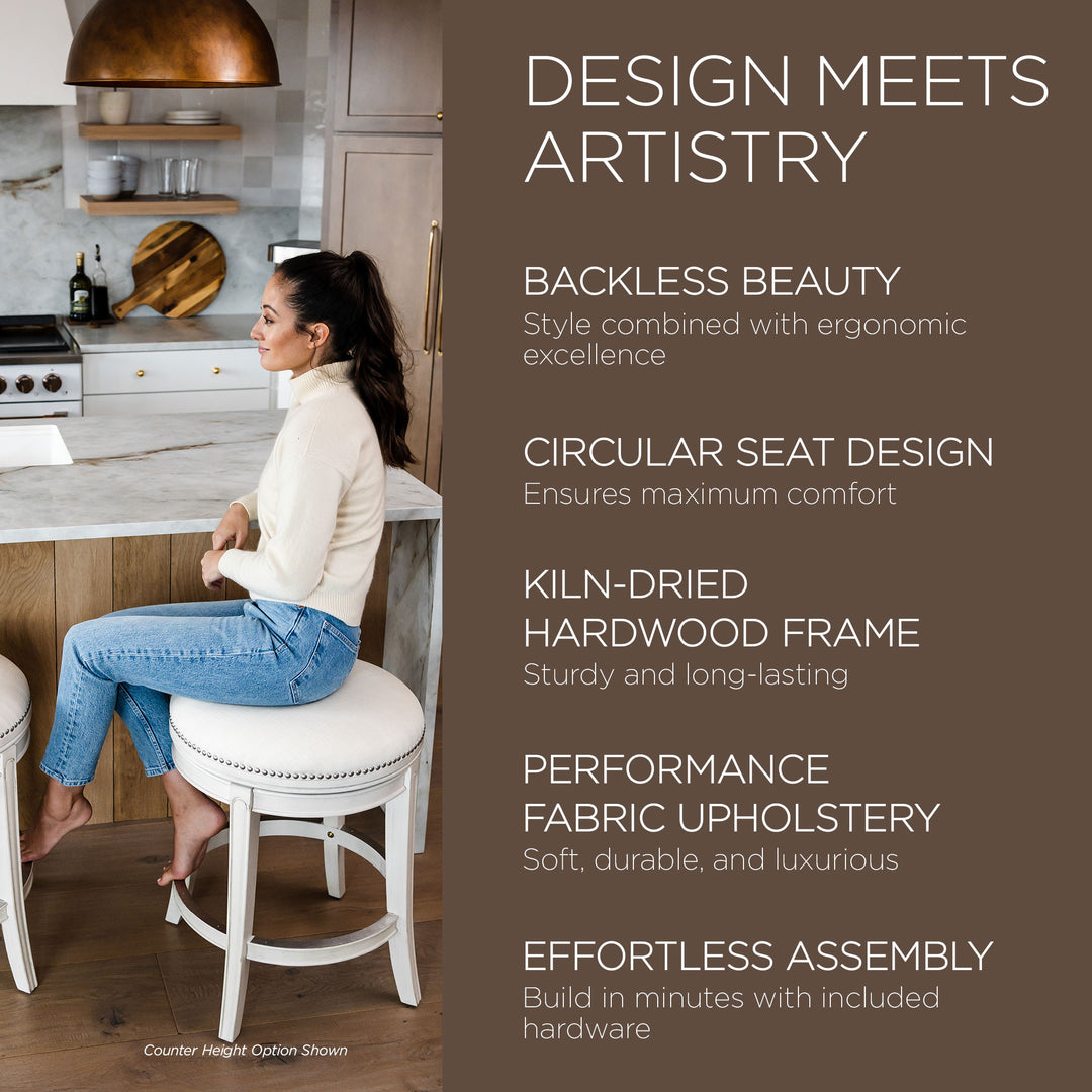 Maven Lane Alexander Backless Bar Stool in White Oak Finish w/ Natural Color Fabric Upholstery - VMInnovations