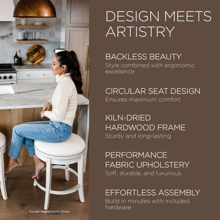 Maven Lane Alexander Backless Bar Stool in White Oak Finish w/ Natural Color Fabric Upholstery - VMInnovations