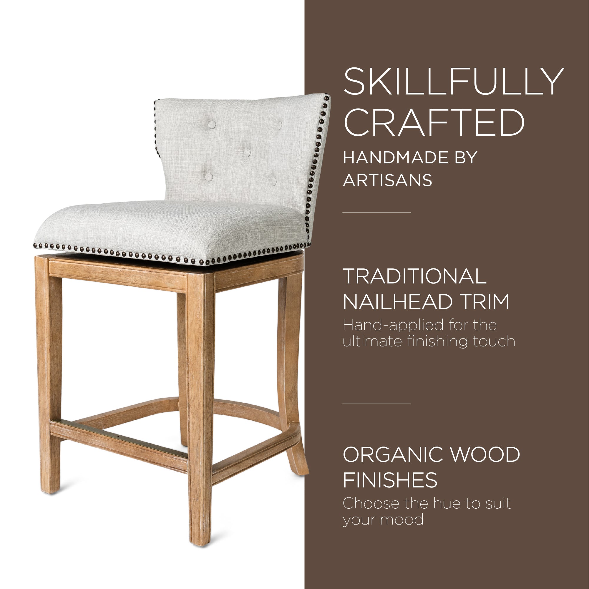 Maven Lane Hugo Tufted-Back Swivel Stool Weathered Oak, Counter Height(Open Box) - VMInnovations