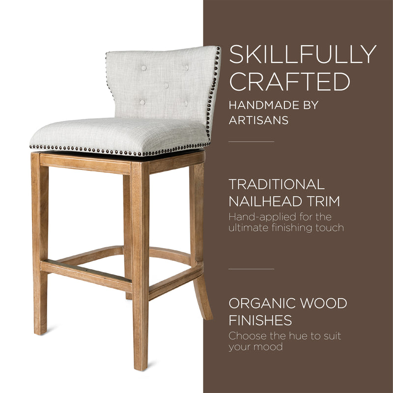 Maven Lane Hugo Bar Stool in Weathered Oak Finish, Sand Color Fabric Upholstery