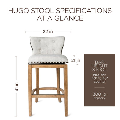 Maven Lane Hugo Bar Stool in Weathered Oak Finish, Sand Color Fabric Upholstery