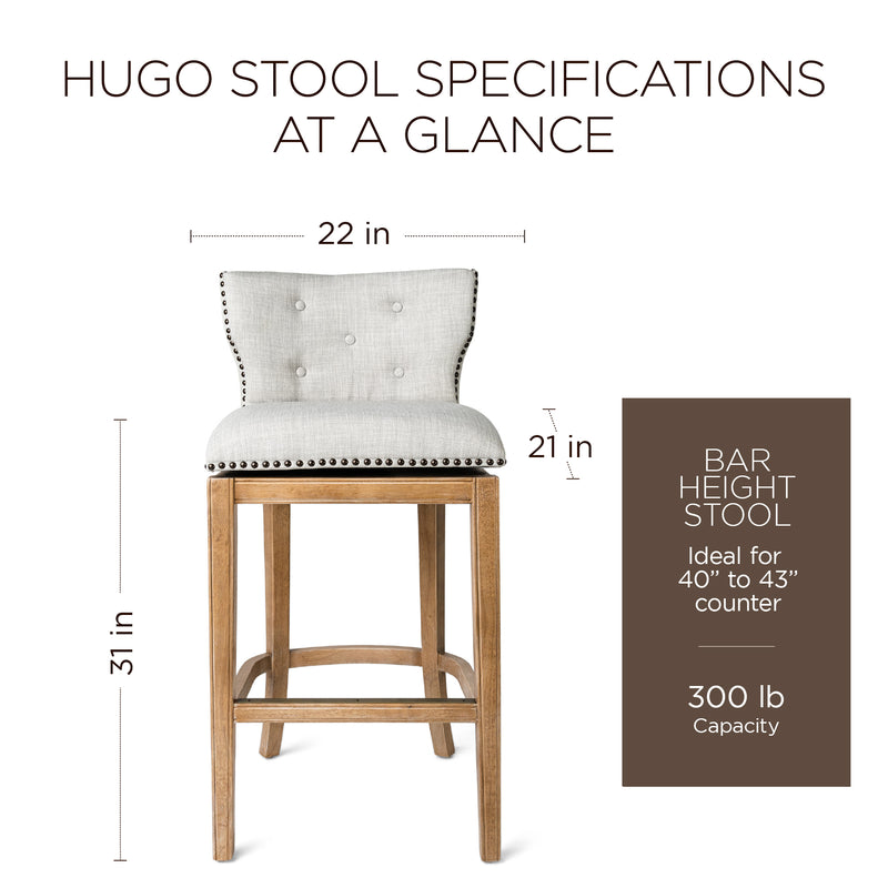 Maven Lane Hugo Bar Stool in Weathered Oak Finish, Sand Color Fabric Upholstery