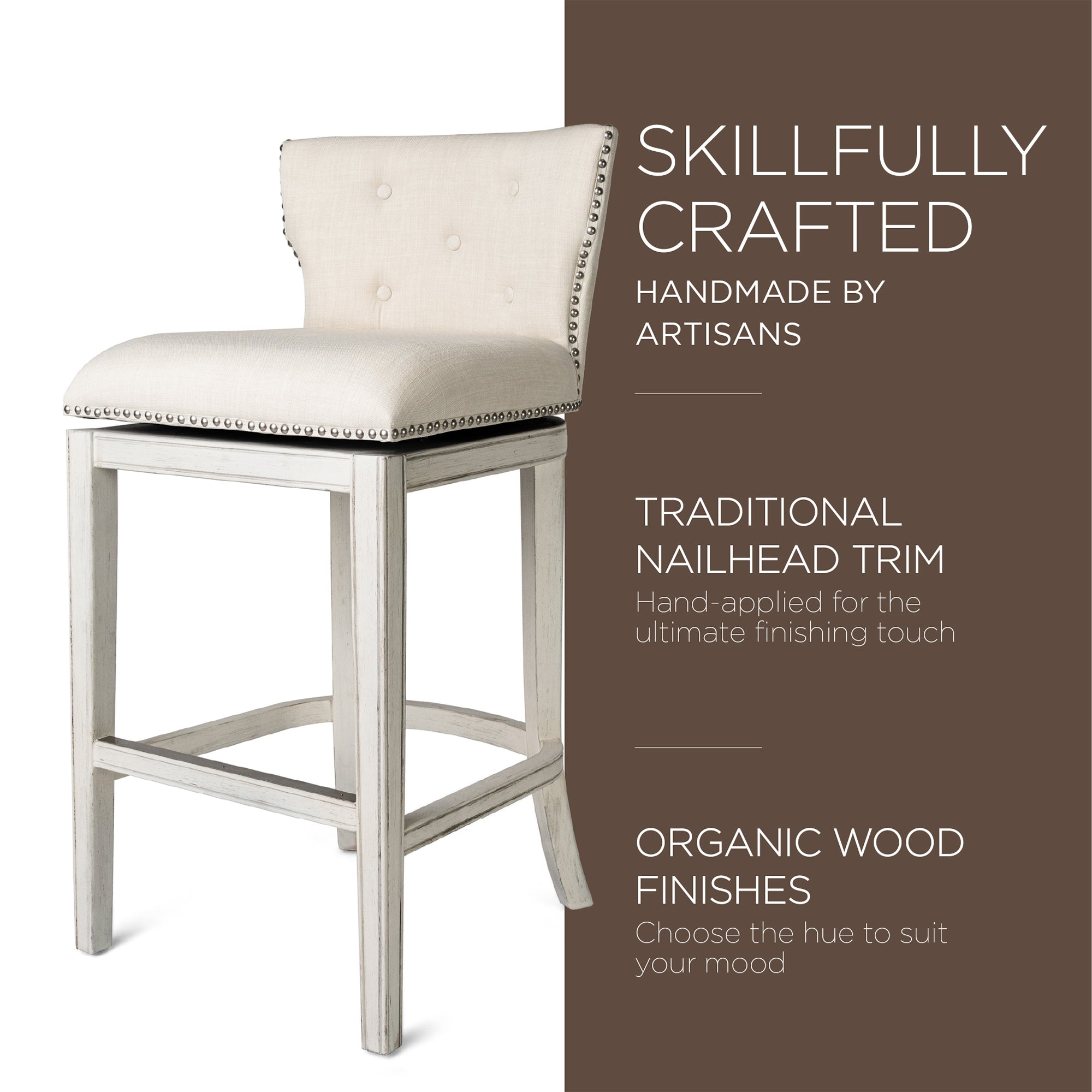 Maven Lane Hugo Tufted-Back Kitchen Swivel Stool White Oak, Bar Height(Open Box) - VMInnovations