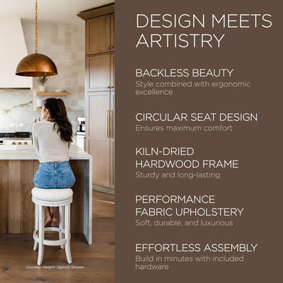 Maven Lane Eva Bar Stool in White Oak Finish w/ Natural Color Fabric Upholstery - VMInnovations