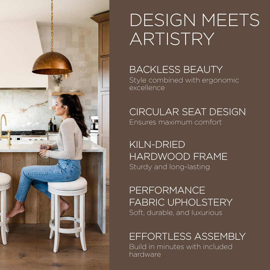 Maven Lane Eva Counter Stool in White Oak Finish w/ Natural Color Fabric Upholstery - VMInnovations