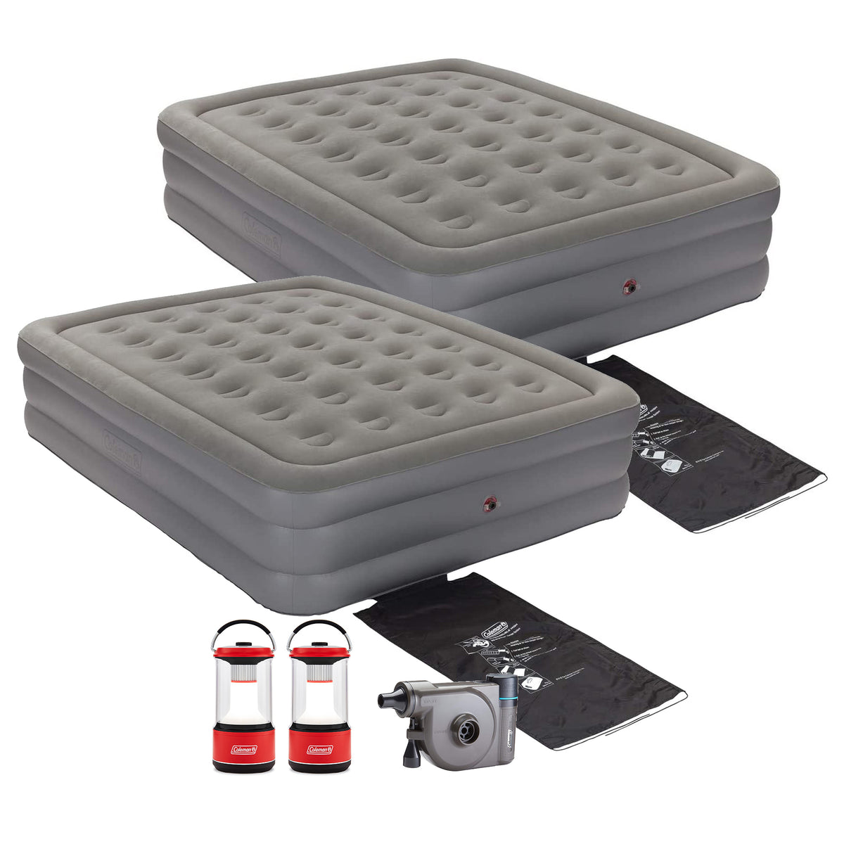 Coleman 18" Queen Airbed (2 Pack), USB Air Mattress Pump, & Lantern (2 Pack)