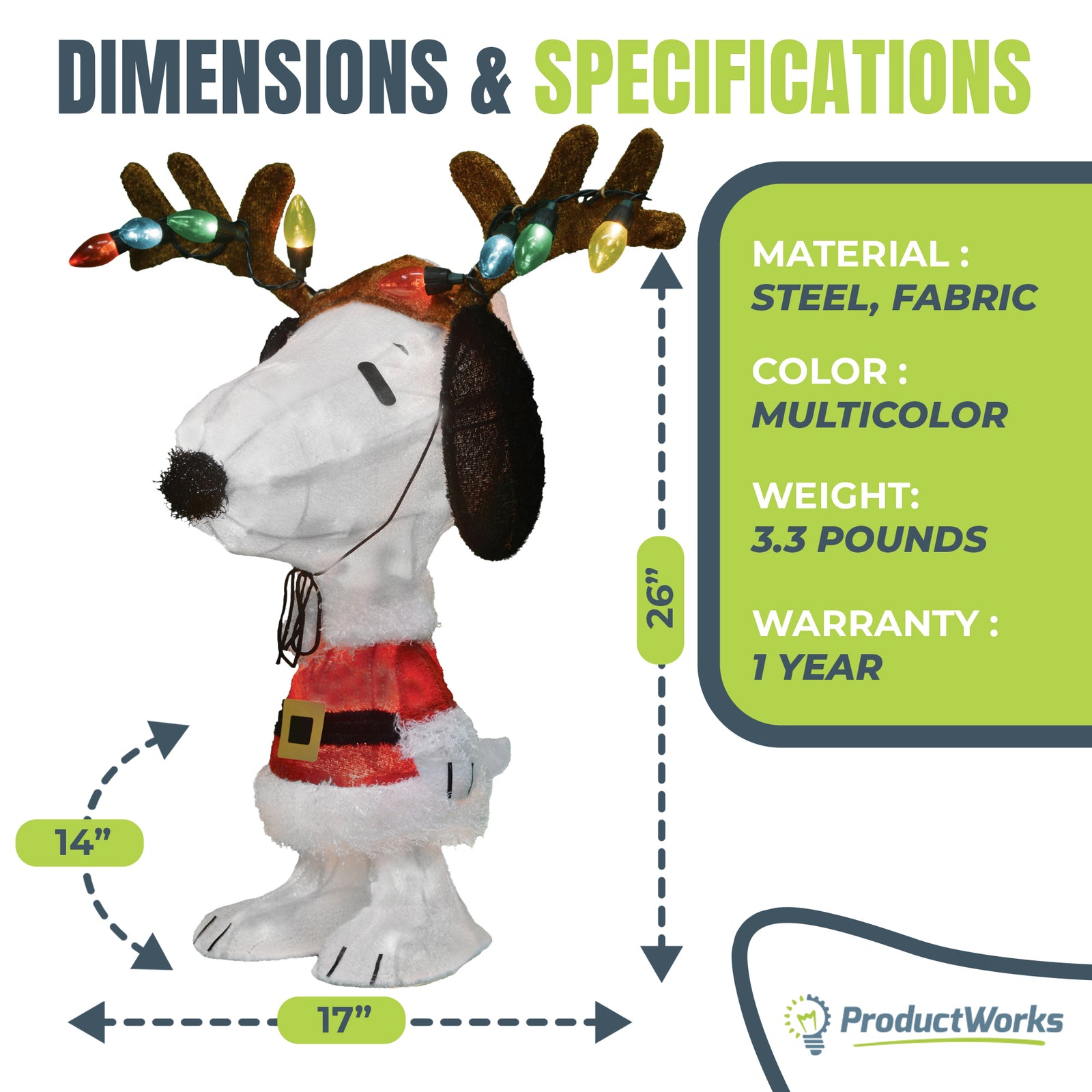 ProductWorks 26" Peanuts Pre-Lit Snoopy Holiday Decor with Antlers (Used) - VMInnovations