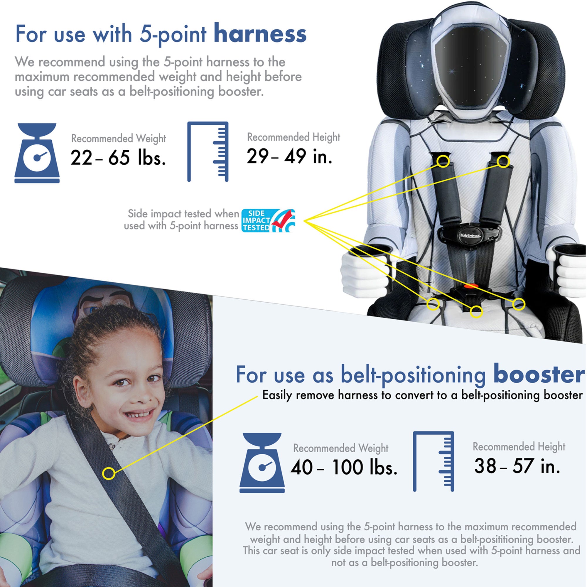 KidsEmbrace 2-in-1 Convertible 5 Point Harness Booster Car Belt Seat, Astronaut - VMInnovations